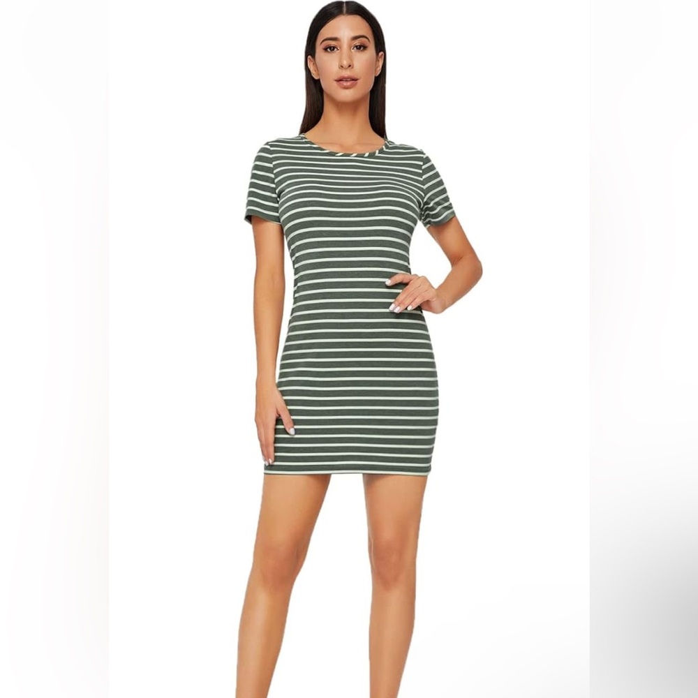 NWT No Label Size L Green Striped Fitted Tee Dress